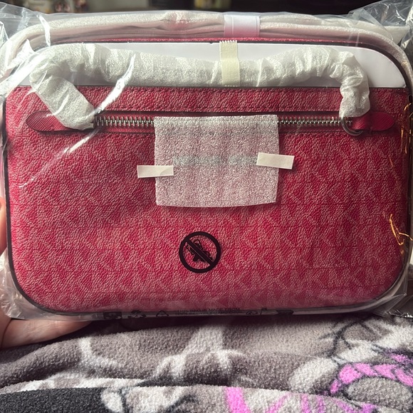 Michael Kors Handbags - Michael Kors Large Jet Set Large Signature Logo Crossbody Bag - Dark Raspberry